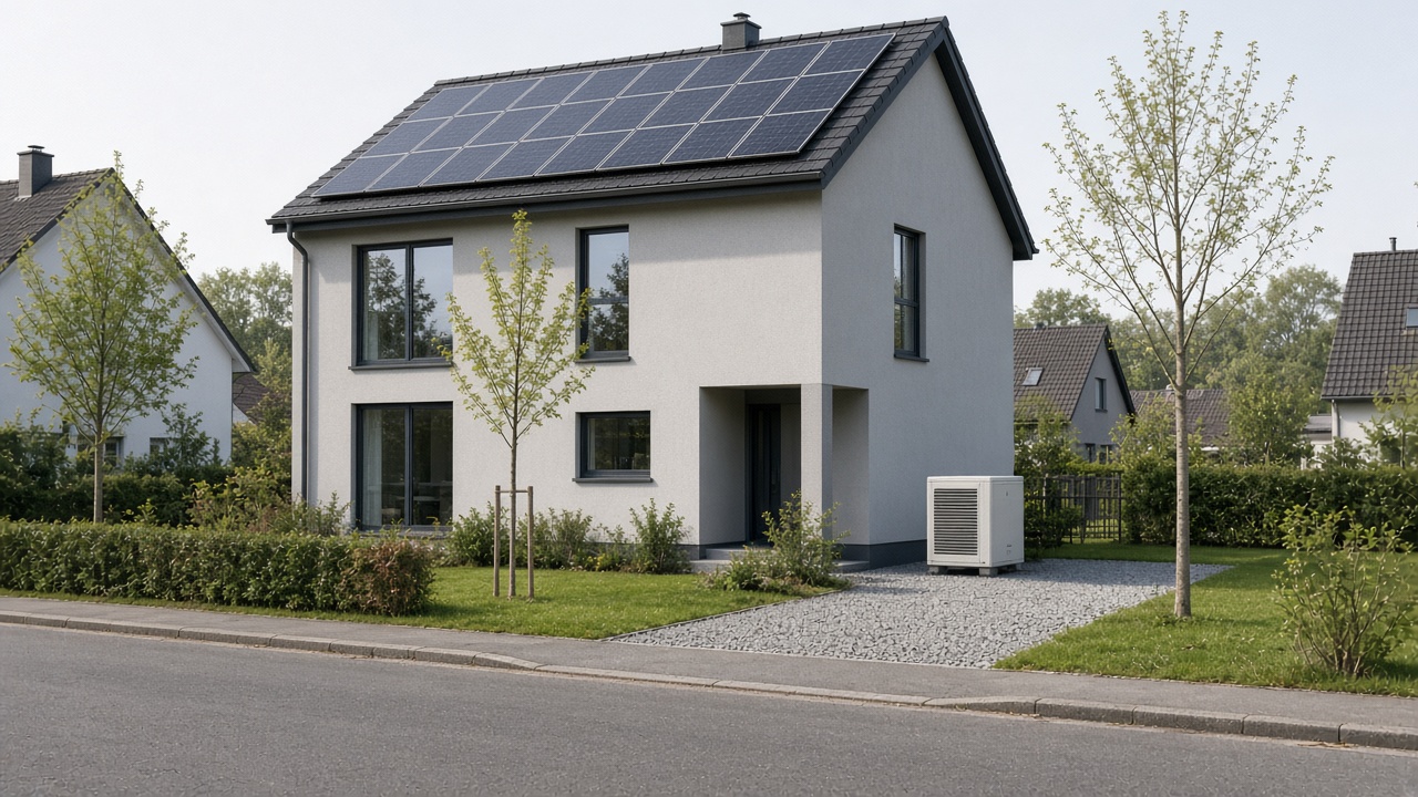 Modernes Wohnhaus mit Solaranlage auf dem Dach und Wärmepumpe neben dem Haus